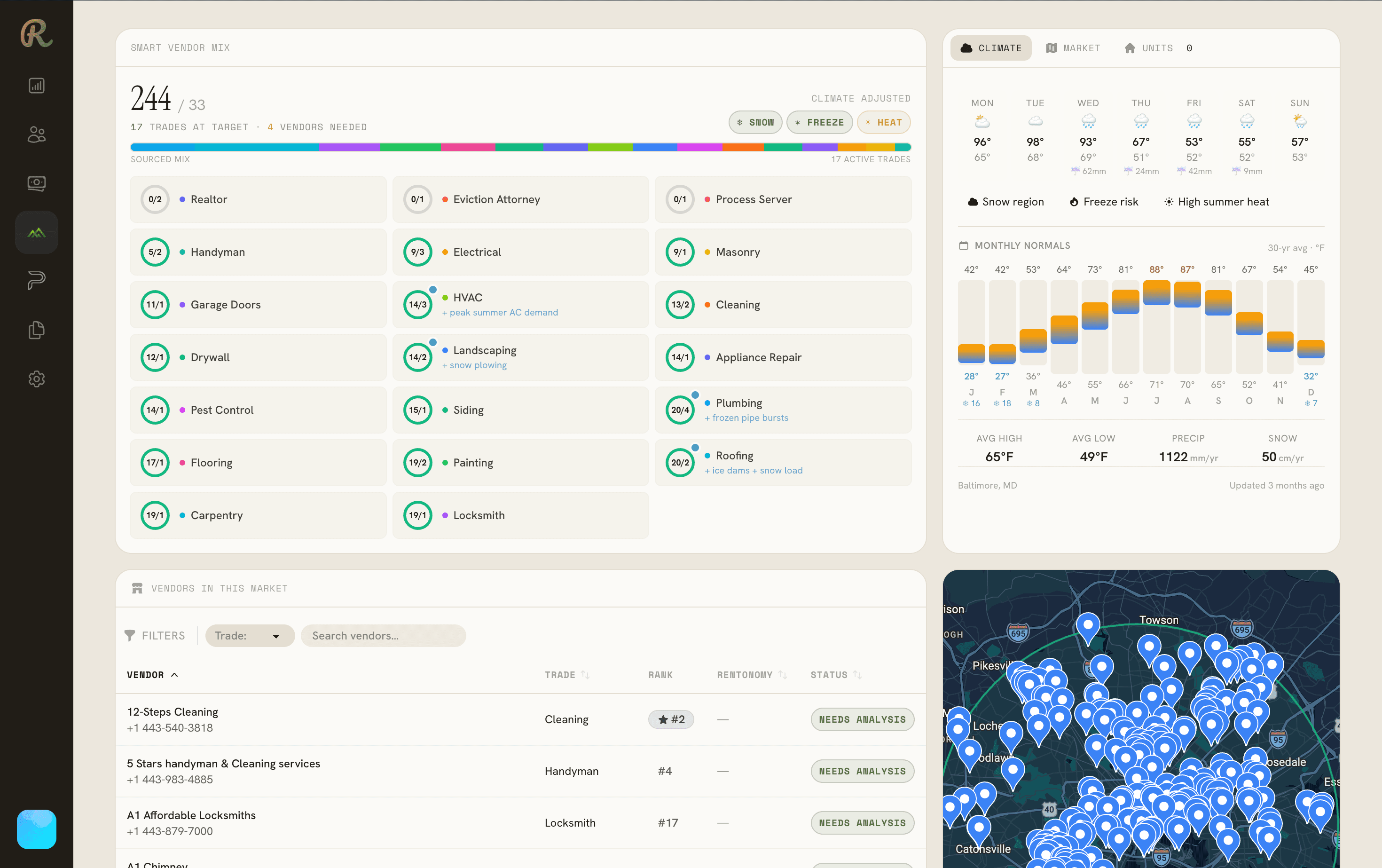Rentonomy mapping local service coverage by trade, climate demand, and provider performance