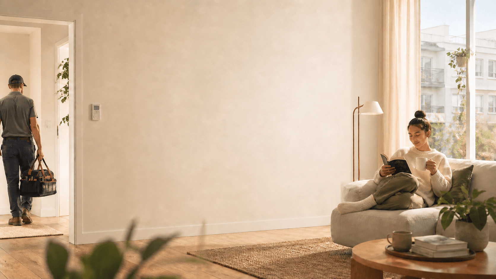 A resident relaxing at home while a maintenance professional leaves after completing a repair